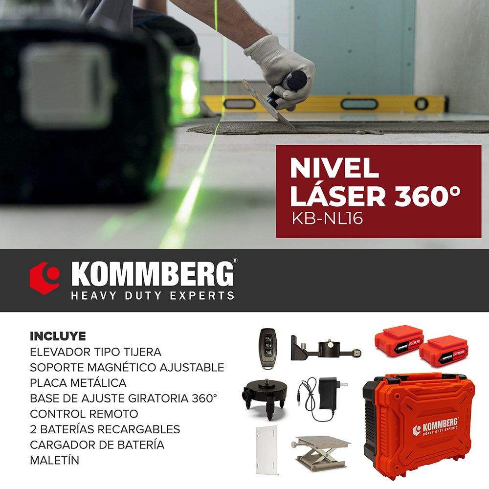 Nivel Laser 360 ° Kommberg Autonivelante Luz Verde 16 Líneas Con Maletín 2 Baterías Y Accesorios KB-NL16 - Image 4