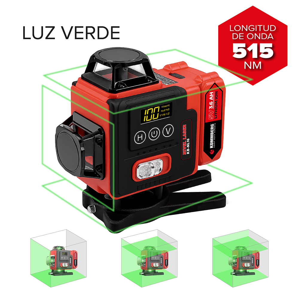 Nivel Laser 360 ° Kommberg Autonivelante Luz Verde 16 Líneas Con Maletín 2 Baterías Y Accesorios KB-NL16 - Image 2